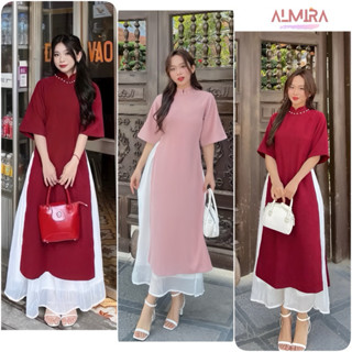 Sét Áo Dài Cách Tân Cổ Ngọc Gồm Áo Dài Nhung Tăm + Chân Váy Tơ Dài