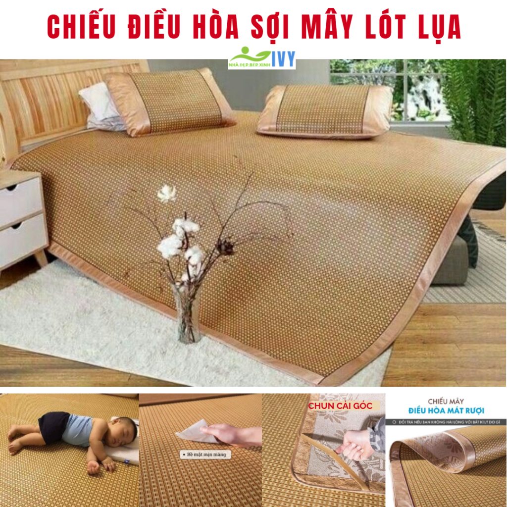 Chiếu Điều Hoà Sợi Mây Lót Lụa Cao Cấp Chiếu Có Chun Cài Góc