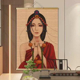 Tranh trúc treo tường hình cô gái niệm phật, Mành tre trang trí tết, Tranh treo phòng trà, Rèm che nắng cửa sổ 60x90cm