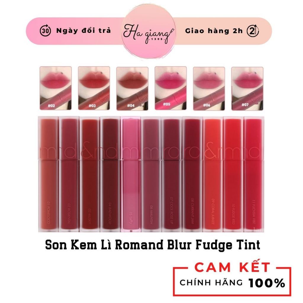 Son Kem Lì Romand Blur Fudge Tint Lên Màu Chuẩn, Mịn Môi 03 Musky Cam đỏ gạch, Màu 04 Radwood Đỏ nâu
