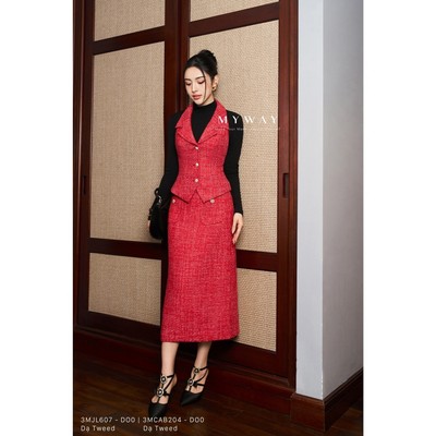 Set Áo Vest Gile Chân Váy Chữ A Nữ MY WAY Dạ Tweed Công Sở Dáng Ngắn Sang Trọng 3MJL607w