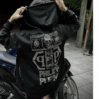 Áo KIm Tuyến Nam Nữ hoodie Philipp Plein - Thêu Hình Đầu Nâu Siêu Chất - Áo Khoác Hoodie Zip