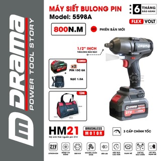  Máy siết bulong pin DRAMA 5598A 800Nm Động cơ Không chổi than 3 Tốc độ Đầu T bulong đặc 