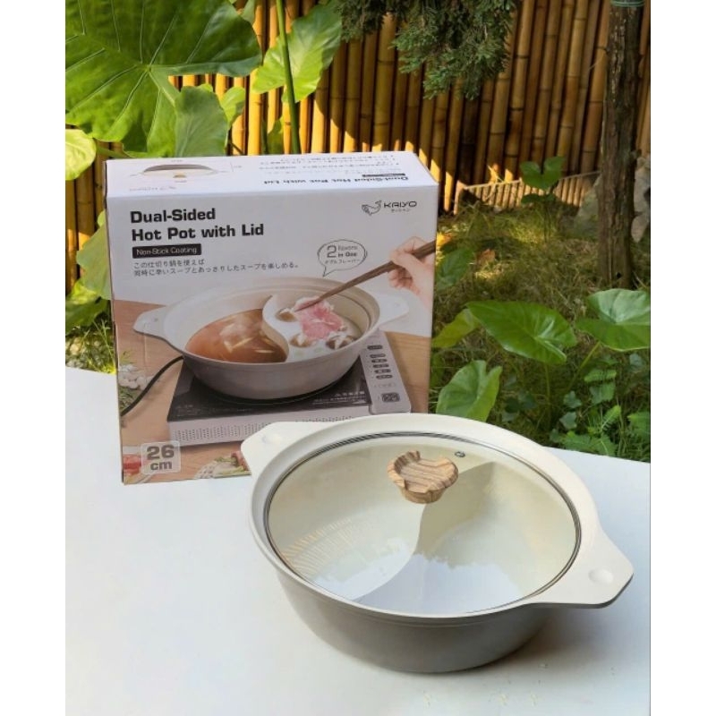 Nồi lẩu nhôm đúc 2 ngăn 26cm Kaiyo - dung tích 4L - lớp phủ men sứ chống dính Cao cấp - đáy từ. Bảo hành 12 tháng
