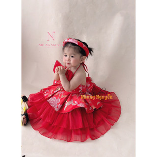 Váy Yếm Gấm Kèm Mấn Nhung Nguyễn Váy Đầm Công chúa Bé Gái Cao Cấp Tặng Kèm Cài