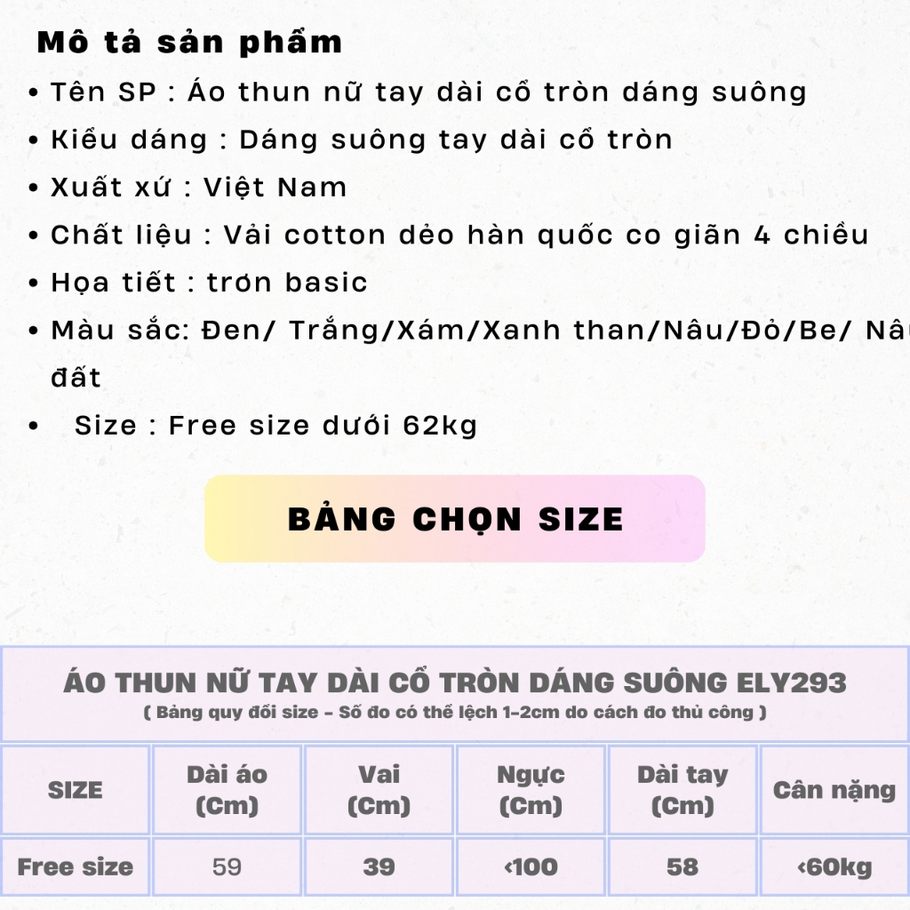 Áo thun nữ ELY tay dài suông chất cotton dẻo co giãn tốt áo phông nữ from chuẩn freesize đẹp ELY293 | BigBuy360 - bigbuy360.vn