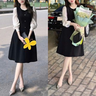  Váy đen phối tay trắng cổ diềm bigsize  50kg đến 90kg  VSHIRT 