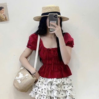 Áo kiểu nữ Joolate babydoll linen tay phồng tiểu thư bo thân nơ coquette ngực 581 P8K3