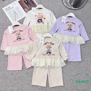 8-40kg Đồ bộ bé gái Tăm phối bèo Labubu Nâu áo dài quần dài có size đại