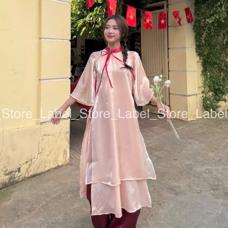 Áo dài tơ bóng cổ xéo buộc nơ đính ngọc, áo cách tân