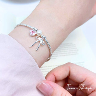 Lắc tay bạc nữ, dây chuyền bạc nữ hình chiếc nơ TUNA SILVER, vòng tay hạt bạc đa giác gắn charm nơ và đá trái tim hồng