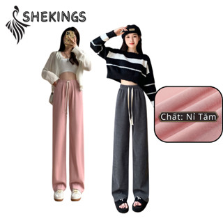 Quần Ống Rộng Nỉ Nhung Tăm SHEKINGS Kiểu Quần Dài Ống Suông Cạp Chun Lưng Cao Dây Rút Chỉnh Eo SH57