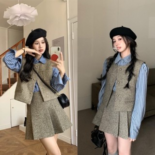 [Hàng Cao Cấp]: Set Áo Khoác Dạ Gile Nâu Tiêu Phối Áo Sơ Mi Kẻ Xanh Tay Bồng Nhẹ Mix Chân Váy Dạ Xếp Ly Hàn Quốc ẢnhThật