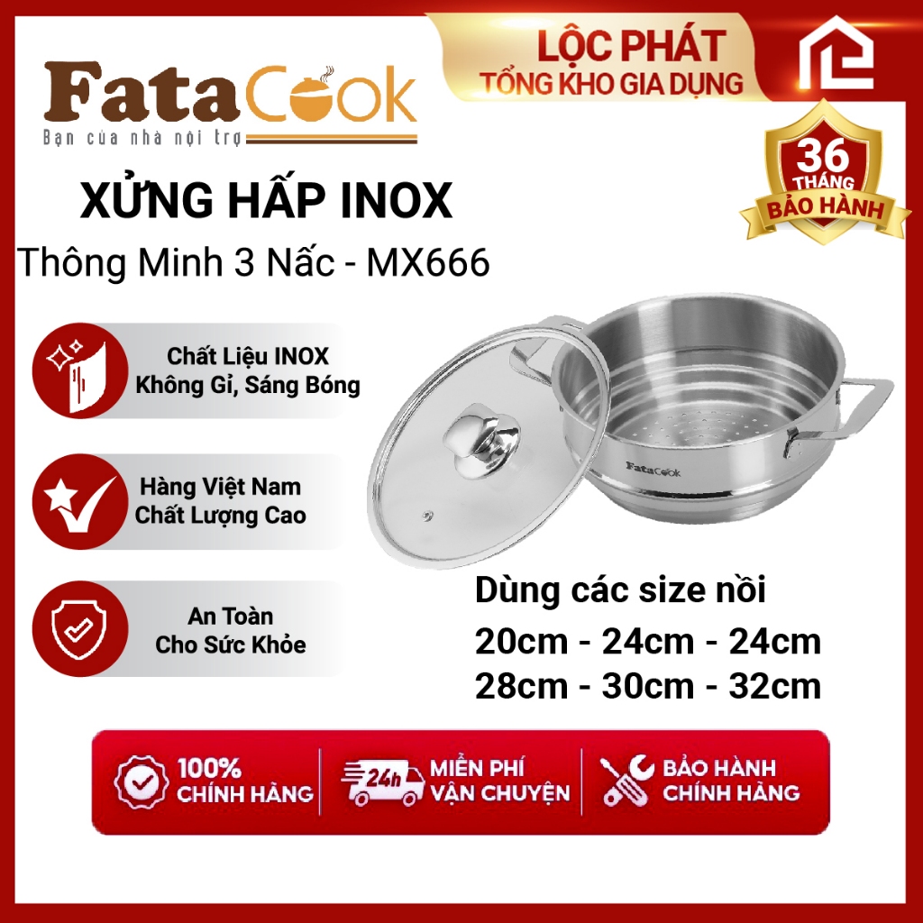 Xửng hấp Inox Fatacook thông minh 3 nấc size 24cm dùng cho nồi 20 22 24cm, xửng 3 nấc 32 cho nồi 28 30 32cm | BigBuy360 - bigbuy360.vn