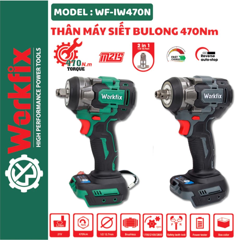 🌹FREESHIP🌹Thân máy siết bulong pin Workfix WF-IW470N chân pin phổ thông, Lực siết 470NM siêu khỏe