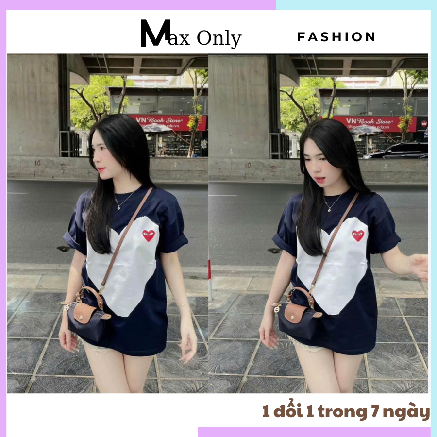 Áo phông form rộng dành cho nữ, áo thun tay lỡ hoạ tiết in trái tim nổi bật