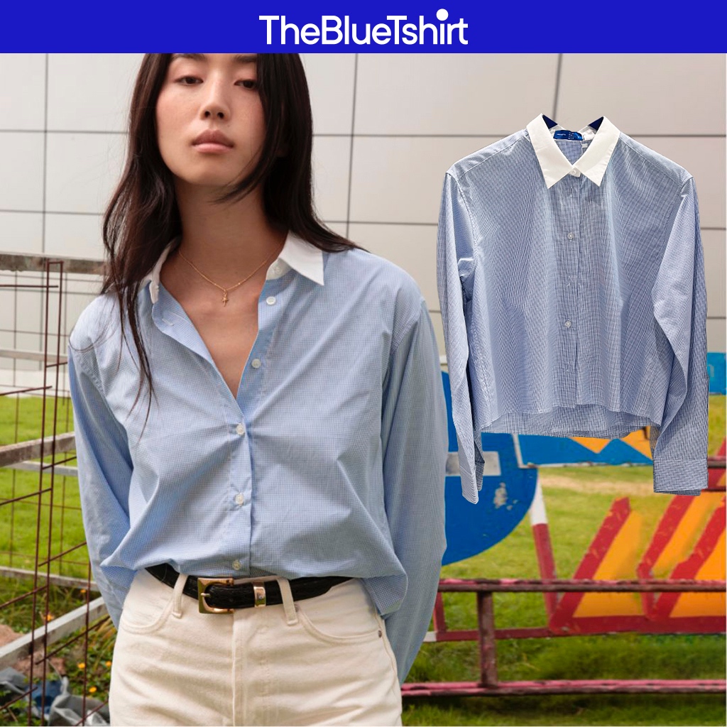TheBlueTshirt - Áo sơ mi boxy tay dài cổ trắng sọc caro nhỏ cho nữ - White Collar Boxy Shirt Blue Ch