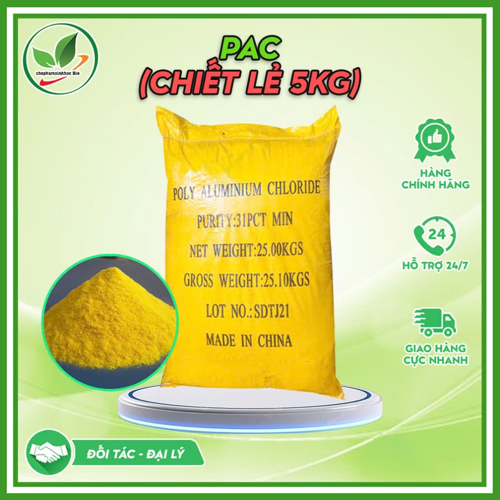 Chất trợ lắng bể cá, bể bơi PAC 31%. Bao 5kg