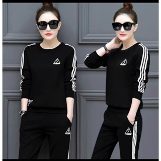 Set Bộ Đồ Nữ Cotton Tay Dài Logo Thâu Phối Sọc Cực Xinh - Mẫu Mặc sp Thật