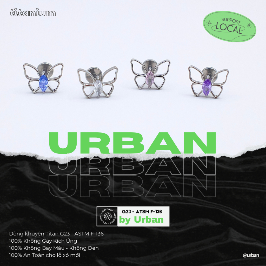 [1 Mặt Khuyên] Khuyên tai, chất liệu titan G23 F136 Butterfly Rỗng Không Ngứa Không Đen urban  [XỎ]