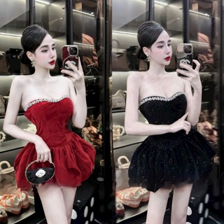  Đầm váy nữ nhung kiểu cúp ngực đính viền đá phối kim tuyến from dáng bí Vibe sáng chảnh quý phái cho nàng diện đi chơi 