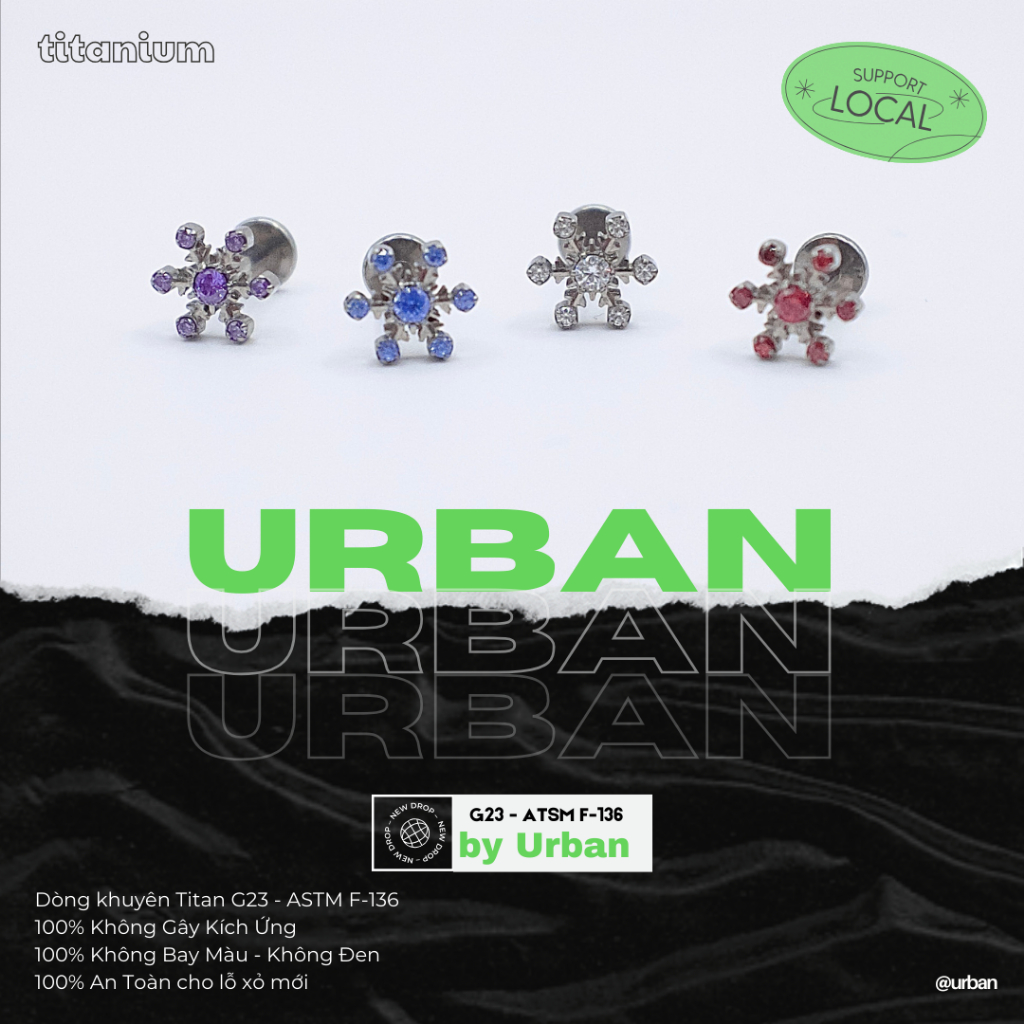 [1 Mặt Khuyên] Khuyên tai, chất liệu titan G23 ASTM F-136 Hoa Tuyết Không Ngứa Không Đen urban  [XỎ]