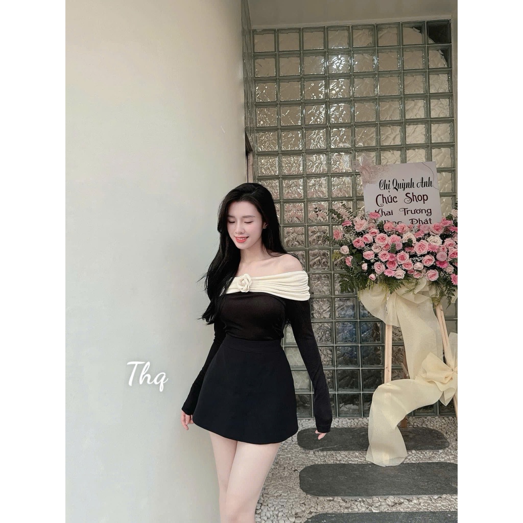 Áo trễ vai nữ,Áo nữ xinh chất nhúng kim cương kiểu dáng trễ vai đính hoa trà tiểu thư dễ mặc X01