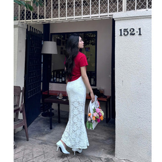  Chân váy Ren dáng dài HHVINTAGE chất liệu Ren hoa hồng xuyên thấu co dãn V10   có lớp lót trong  