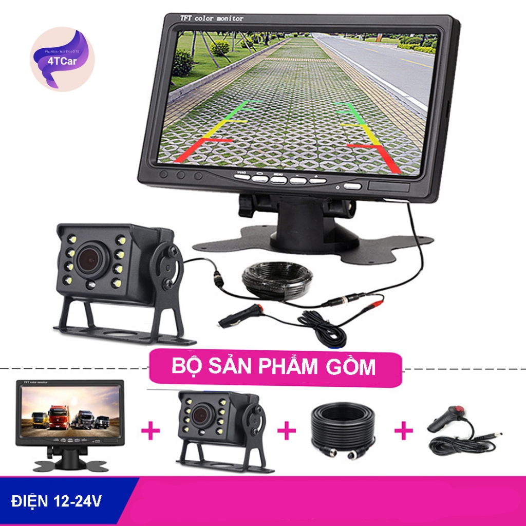  Màn hình 7 inch và camera lùi cho xe tải 12-24V lắp cho xe công trình  ô tô máy xúc cẩu nguồn cắm tẩu 
