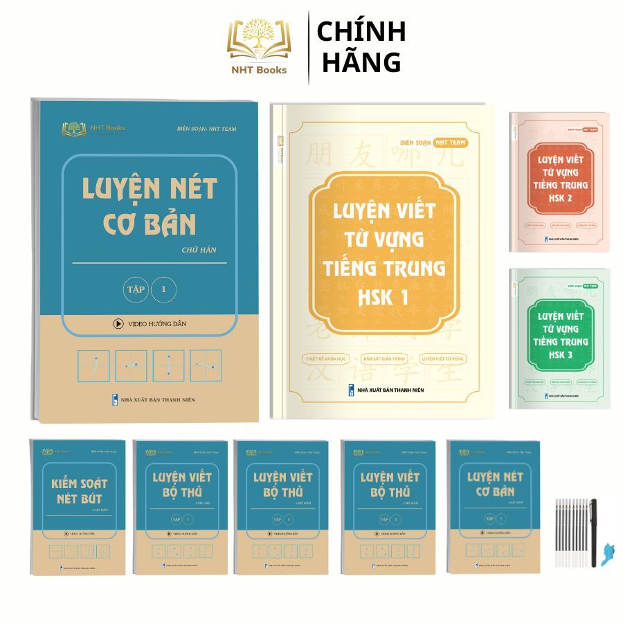 Combo Bộ 9 Sách Luyện Nét Chữ Hán Cơ Bản, Luyện Viết Từ Vựng Tiếng Trung HSK 1 2 3 kèm bút bay mực
