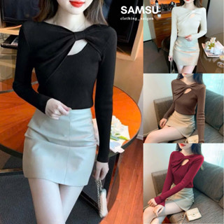 Áo Len Dài Tay Tăm Lạnh Nữ Cổ Chéo Nơ Khoét Ngực Phong Cách Hàn Quốc Thu Đông 2024 Samsu.clothing_saigon