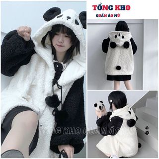  Áo khoác lông cừu tai gấu trúc trắng đen dáng dài form rộng kiểu dáng ulzzang - TONGKHO 