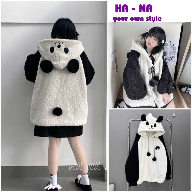 SALE - Áo khoác lông cừu tai gấu trúc trắng đen dáng dài form rộng kiểu dáng ulzzang - HANA