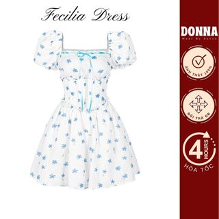 DONNA - Đầm corset tay phồng Felicia Dress có đệm ngực hoạ tiết hoa cúc phối ren ruy băng tiểu thư (có lưới tạo phồng)