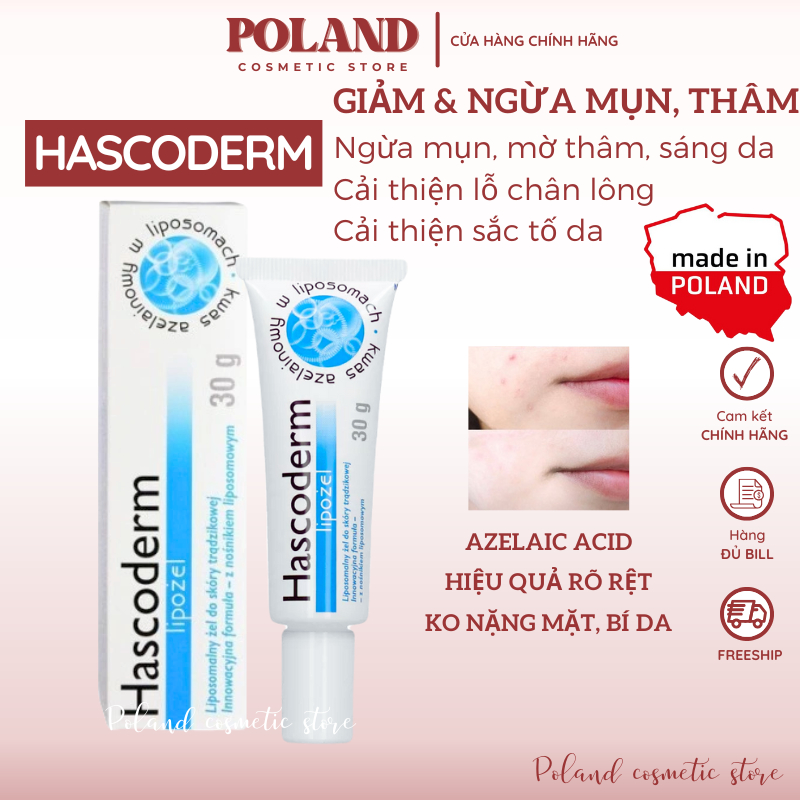 Kem chấm mụn Hascoderm với azelaic acid liposome tác dụng tương tự skinoren acnederm giúp giảm mụn, giảm thâm 30gr