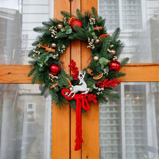 Vòng Hoa Trang Trí Noel D156 45CM Kèm Đèn, Vòng Nguyệt Quế Trang Trí Giáng Sinh
