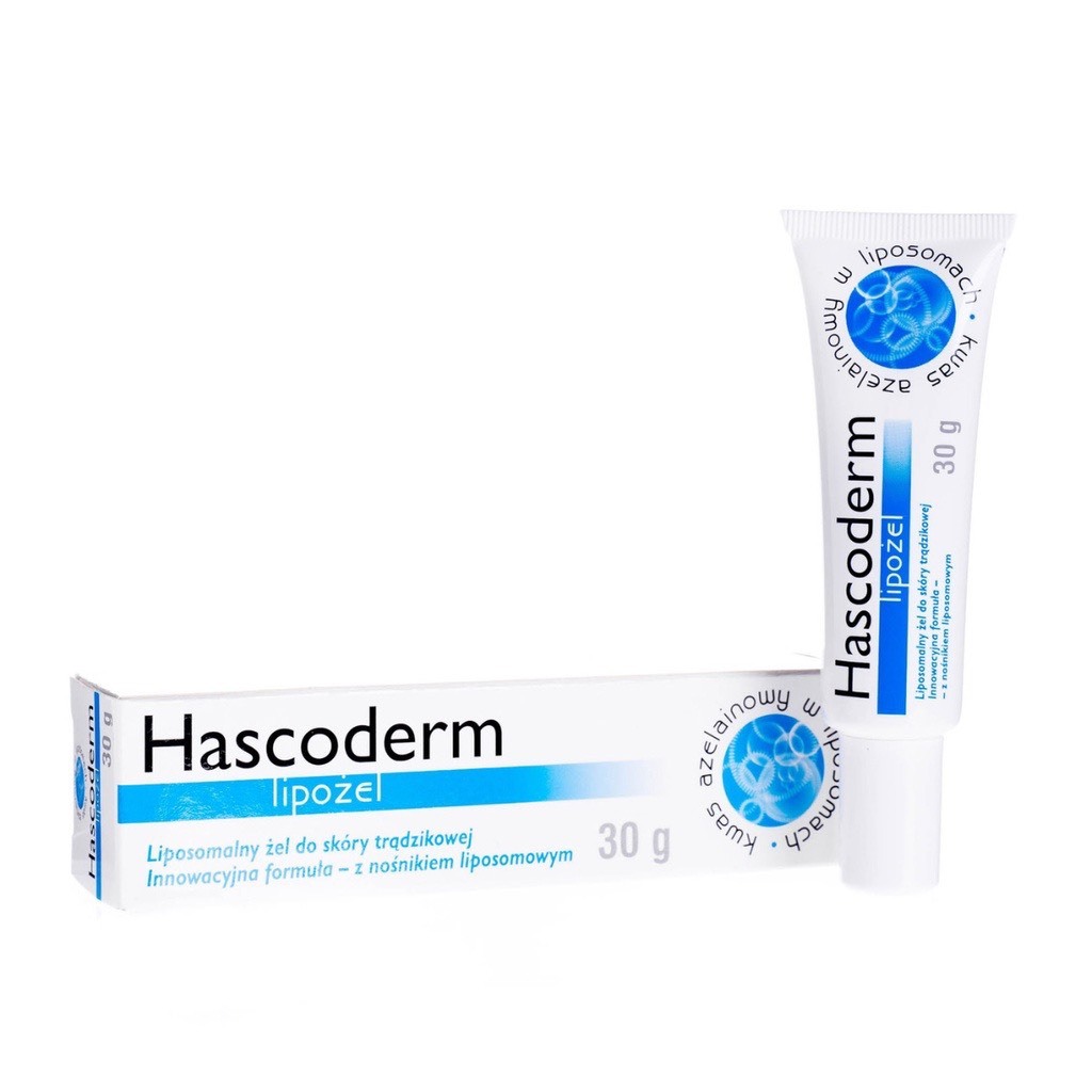 Kem chấm mụn Hascoderm với azelaic acid liposome tác dụng tương tự skinoren acnederm giúp giảm mụn, giảm thâm 30gr