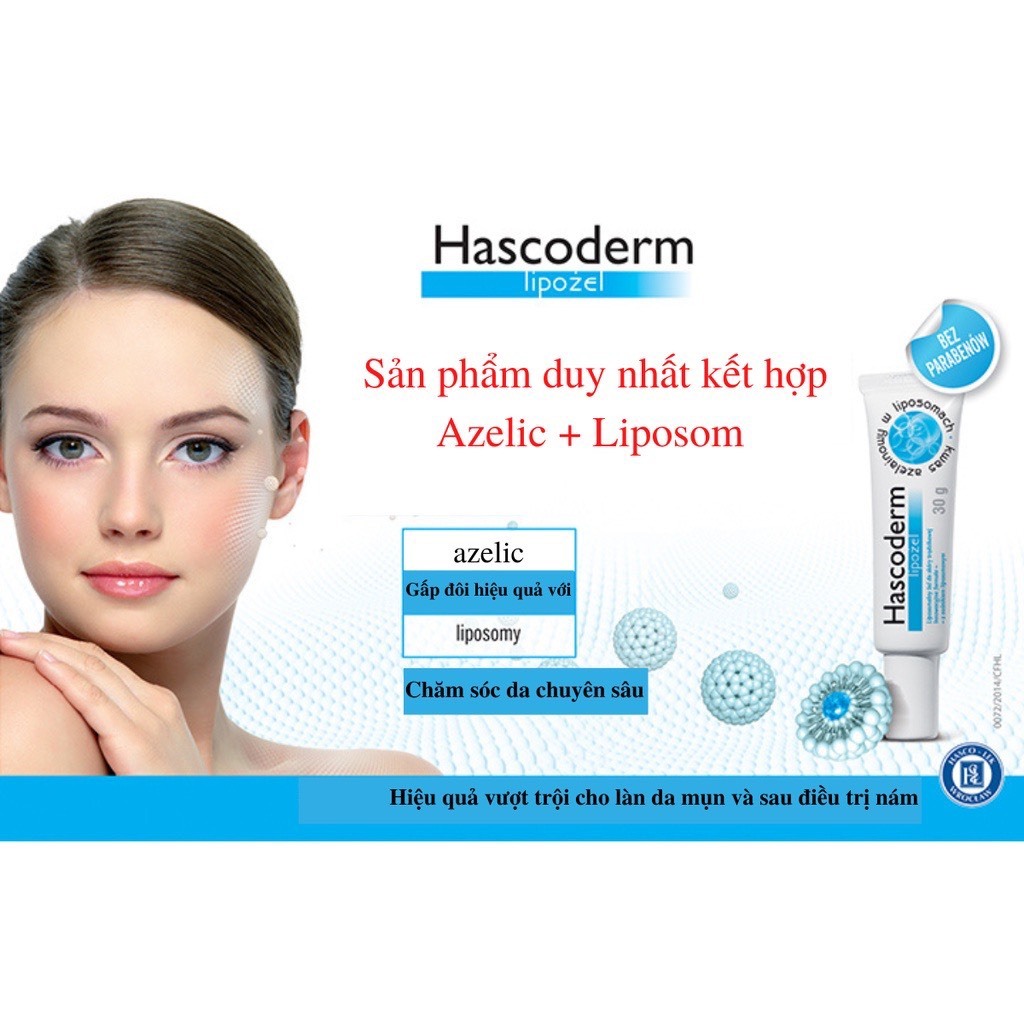 Kem chấm mụn Hascoderm với azelaic acid liposome tác dụng tương tự skinoren acnederm giúp giảm mụn, giảm thâm 30gr
