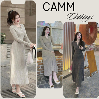 Đầm nữ dáng dài,váy nữ maxi dài tay cài cúc cổ chất len tăm đũa thiết kế đuôi váy xòe ôm body tôn dáng đẹp CAMM HCOM2756