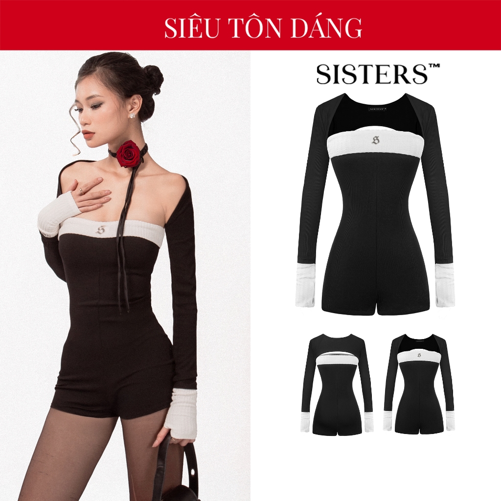  Jumpsuit nữ cúp ngực kèm áo khoác SISTERS màu đen phối viền trắng dáng ngắn chất thun gân ôm sát cơ thể Russie | SS24-J8 