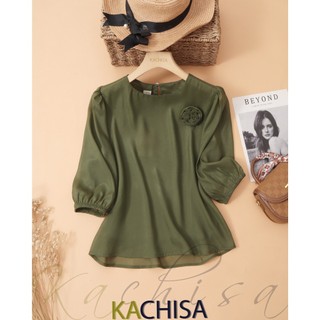 Áo kiểu tay phồng phối hoa hồng đính cài sang trọng tơ organza Women Top Pastel Kachisa - 763SQE