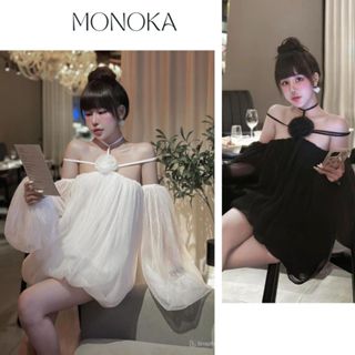 Váy tiểu thư trễ vai đan dây cổ yếm đính hoa tay dài bồng dáng ngắn kèm quần trong bảo hộ Đầm bánh bèo đen trắng T660G