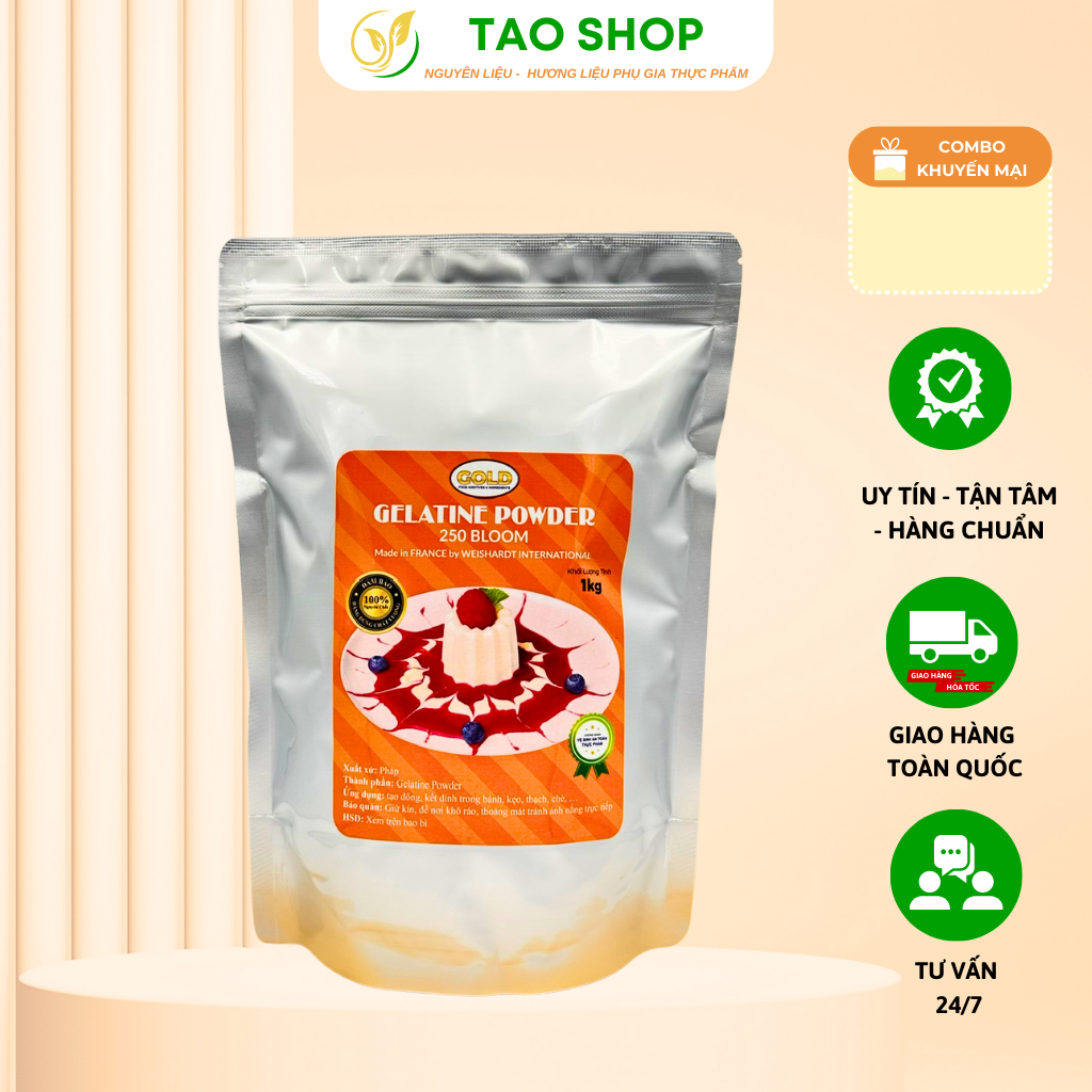Bột Gelatin 250 Bloom Pháp COMBO 5KG (5 gói 1kg)TAO Shopsg dùng tạo đông, kẹo dẻo, pannacotta,..