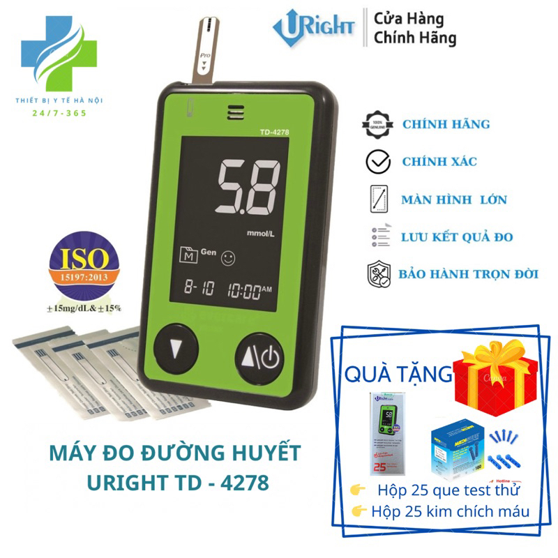 Bộ Máy đo đường huyết uright 4278 ( tặng kèm 25 que thử + 25 kim chích máu )