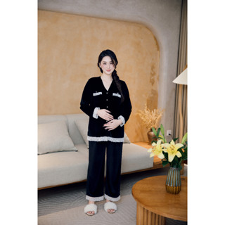  Bộ đồ bầu thu đông bộ bầu sau sinh Velvy chất nhung mềm phối cùng cổ ren chất thô boi thiết kế BY L'AMME 