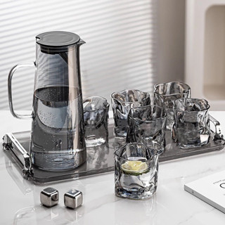 Bộ bình kèm khay cốc 6 cốc +thủy tinh ánh vàng sang trọng hiện đại có hộp đựng làm quà tặng