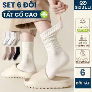[SET 6] Tất cổ cao trơn trắng SOULLI STC04 vớ cổ cao nam nữ chất liệu vải Hàn mềm co giãn hút mồ hôi