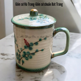 Cốc sứ Bát Tràng có nắp vẽ hoa tầm xuân xanh dung tích 350ml