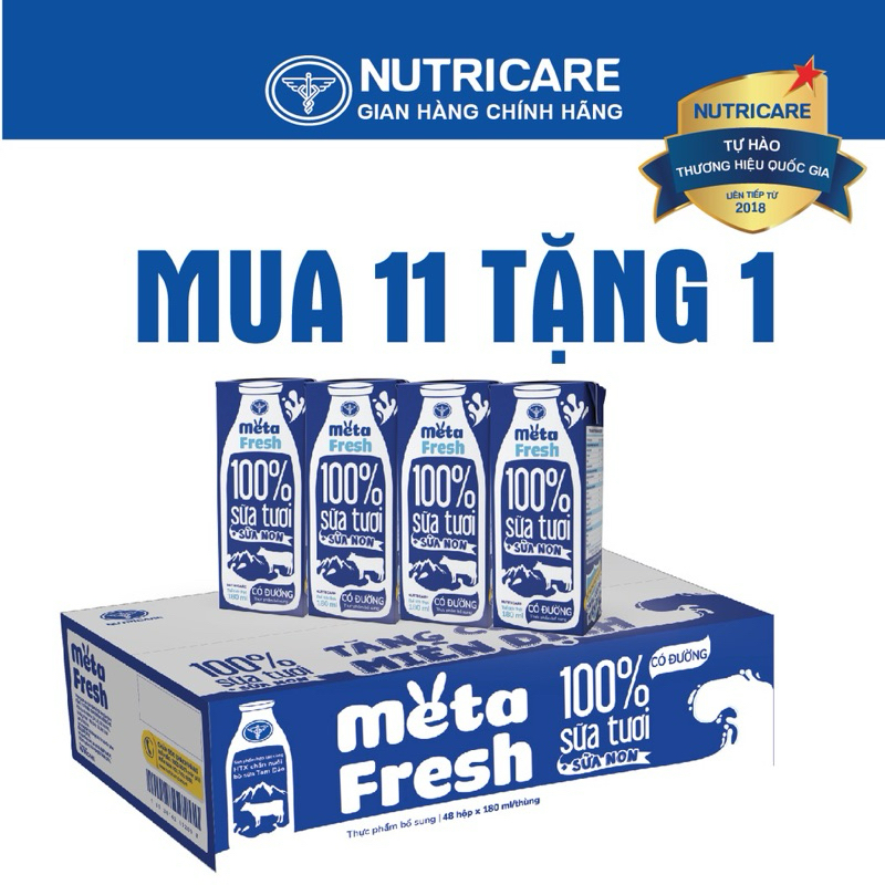 Thùng sữa Tươi chứa Sữa Non Nutricare Meta FRESH Có đường (180ml x 12 lốc)