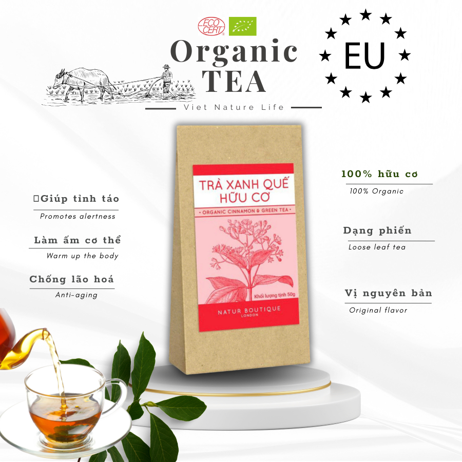 Trà xanh quế thô hữu cơ, 50gr (Organic Raw Cinnamon & Green Tea Leaf, 50gr)